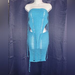 Kansoon Medium Blue Knit Asymmetrical Two Piece Crop Tube Top & Skirt